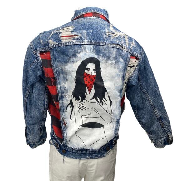 Levi's Men's Blue Distressed Long Sleeve Graphic Denim Jeans Coat Jacket Size XS - Picture 2 of 6